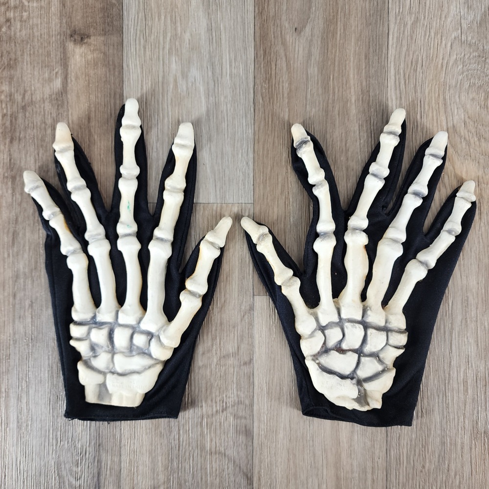 Vintage Easter Unlimited Skeleton Hand Gloves Black 3D Bone Costume One Size
